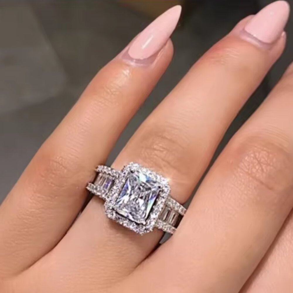SILVER RADIANT CUT DIAMOND ENGAGEMENT RING - Picture 3 of 3